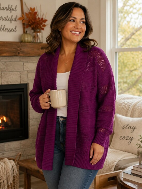 Sweaters - Plus Size 2X Chenille Shawl Cardigan Open Knit Purple Vivid Plum New Cozy Fall